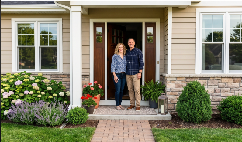 Happy homeowner couple standing at the front door of their home