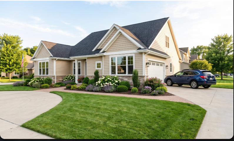 Suburban home with a tidy driveway and lush front yard